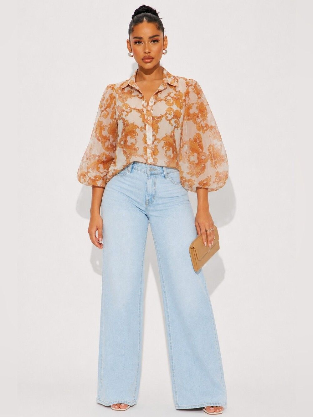 Women's Size Medium Sheer Button Down Top Bubble Sleeves jacqard